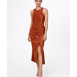 House of Harlow Satin Slip Midi Dress Medium Rust Tank Sheath Ruched Slit NEW